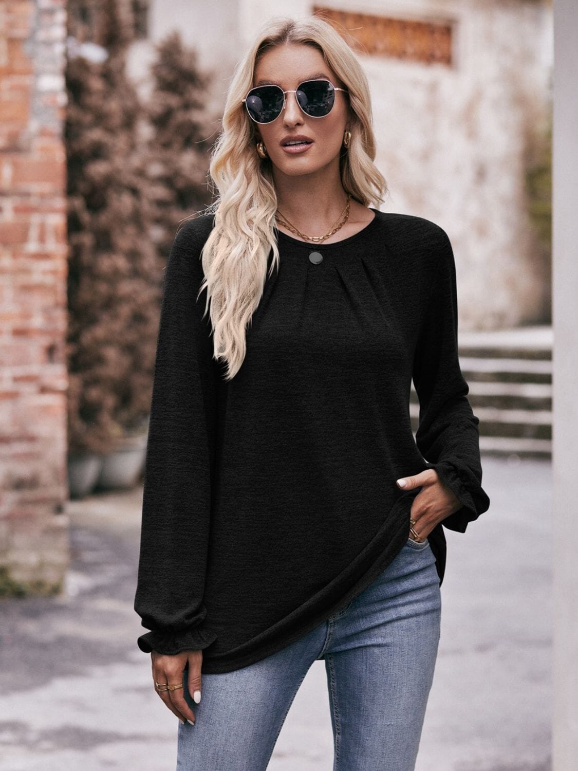 Long Flounce Sleeve Round Neck Blouse - Sydney So Sweet