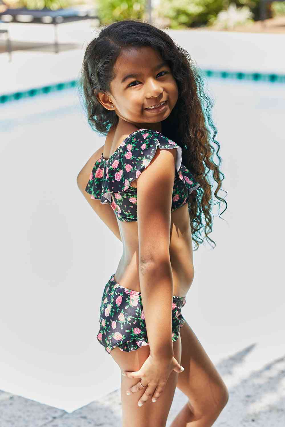 Clear Waters Two-Piece Girls Swim Set in Black Roses - Sydney So Sweet