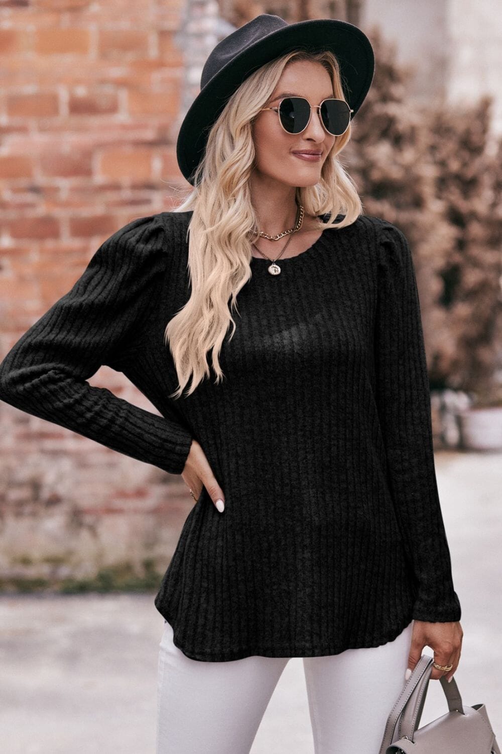 Round Neck Puff Sleeve Ribbed Top - Sydney So Sweet