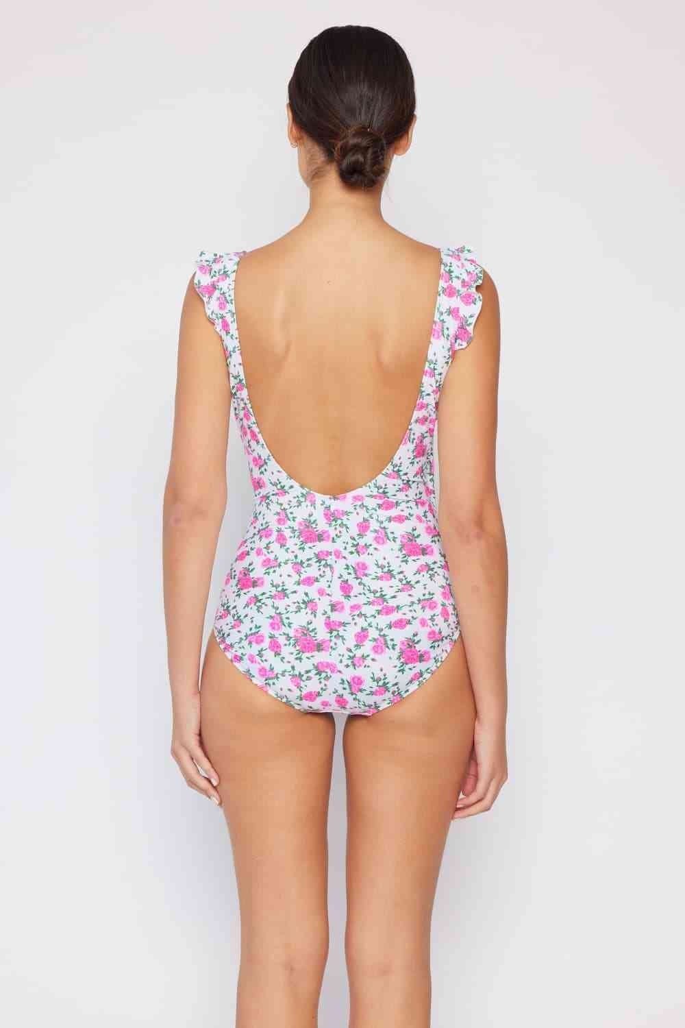 Float On Ruffle Faux Wrap One-Piece Womens Swimsuit in Roses Off-White - Sydney So Sweet