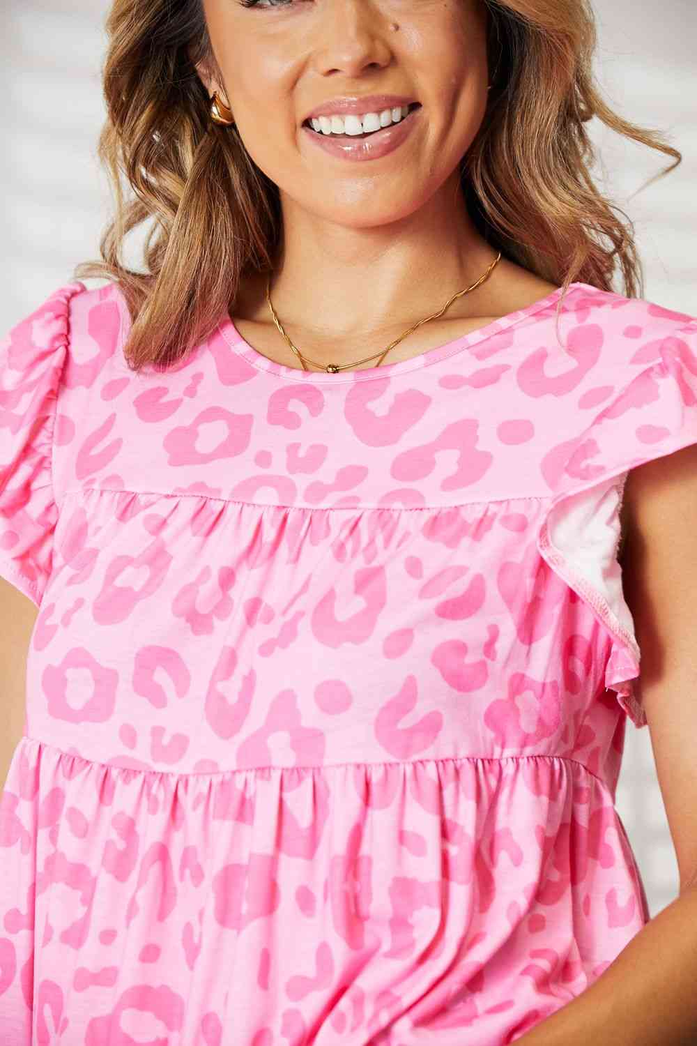 Double Take Leopard Round Neck Tiered Blouse - Sydney So Sweet