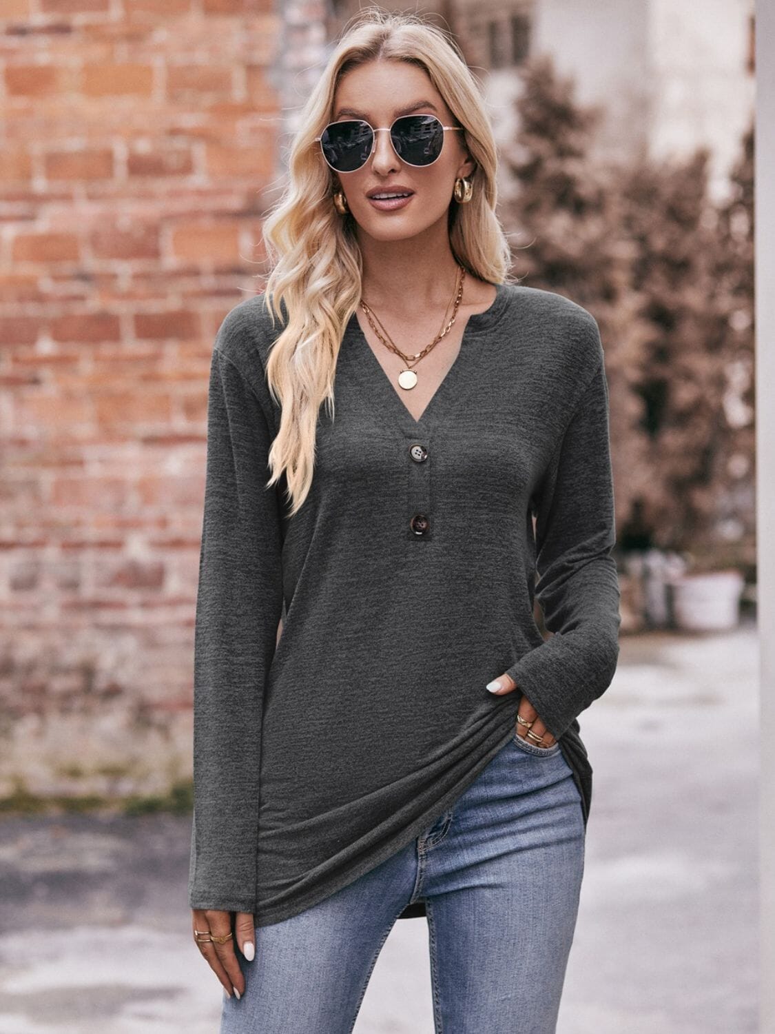 Buttoned Notched Neck Long Sleeve Top - Sydney So Sweet