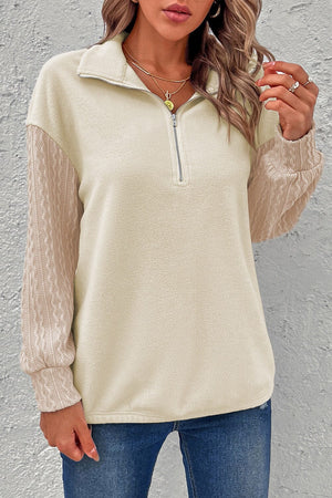 Zip-Up Dropped Shoulder Cable-Knit Sweatshirt - Sydney So Sweet