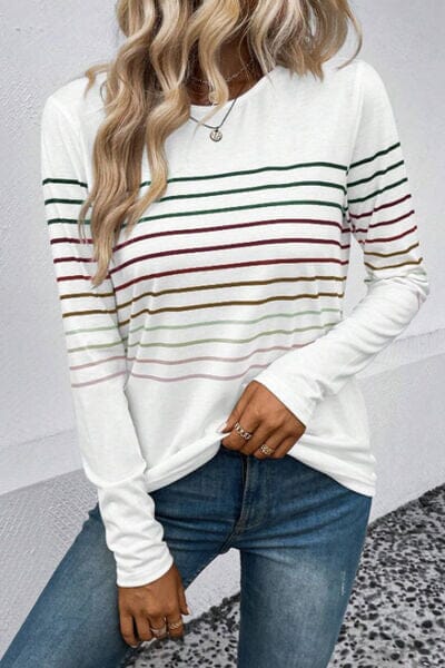 Striped Round Neck Long Sleeve Top - Sydney So Sweet