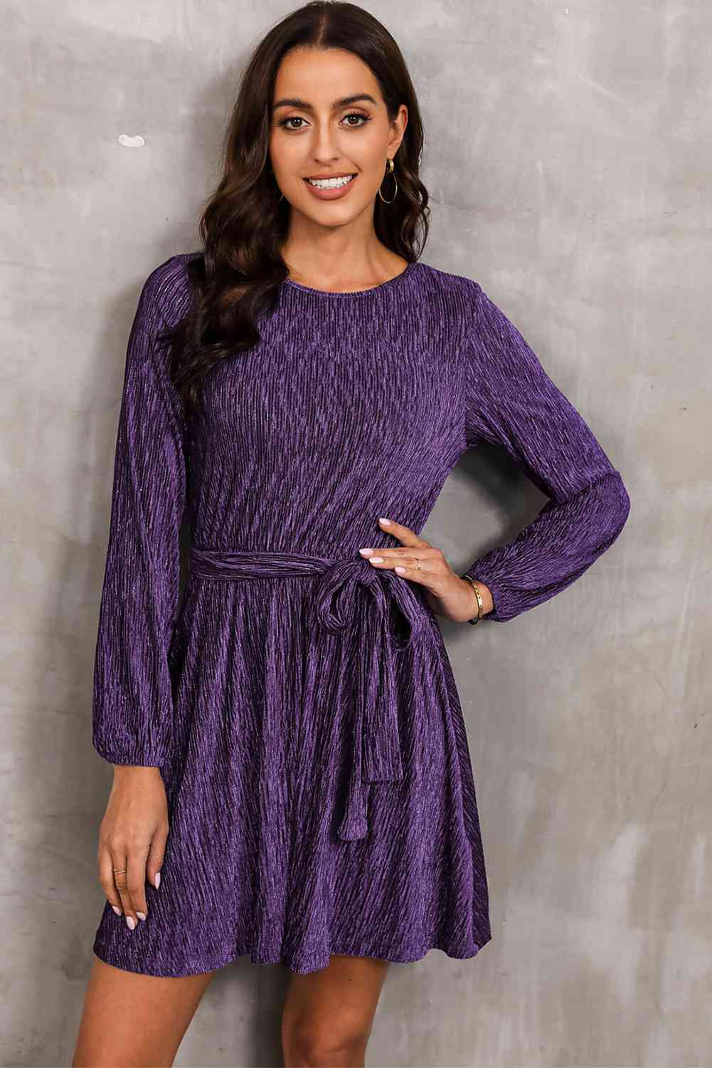 Round Neck Tie Front Long Sleeve Dress - Sydney So Sweet