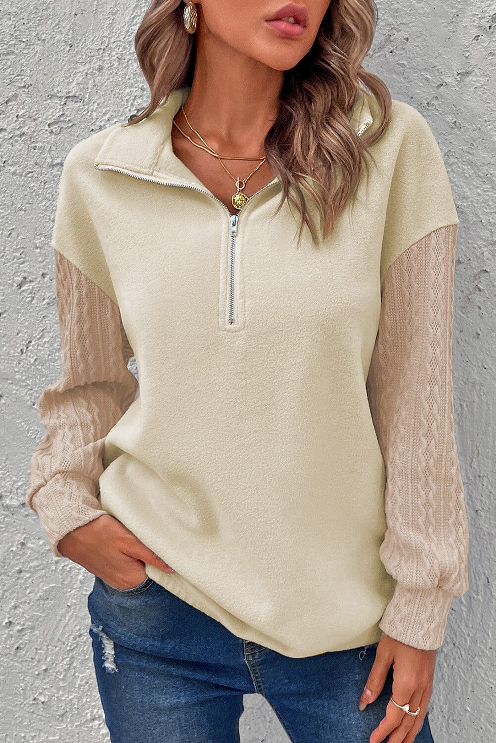 Zip-Up Dropped Shoulder Cable-Knit Sweatshirt - Sydney So Sweet