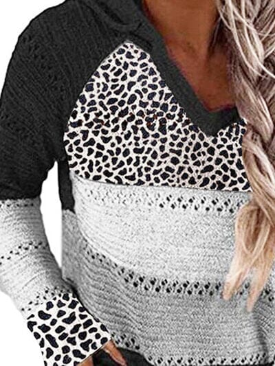 Full Size Openwork Leopard Drawstring Hooded Sweater - Sydney So Sweet