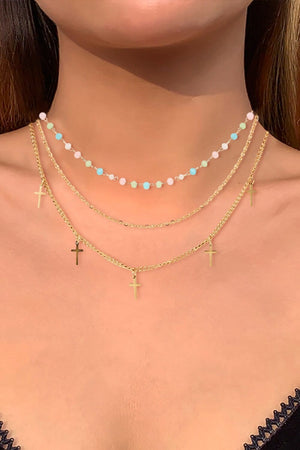 18K Gold Plated Cross Pendant Triple-Layered Necklace - Sydney So Sweet