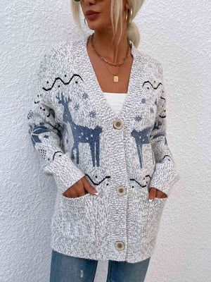 Reindeer Button Down Cardigan with Pockets - Sydney So Sweet