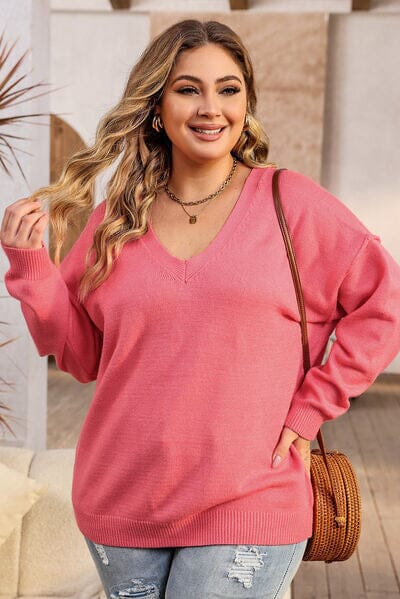 Plus Size V-Neck Dropped Shoulder Sweater - Sydney So Sweet