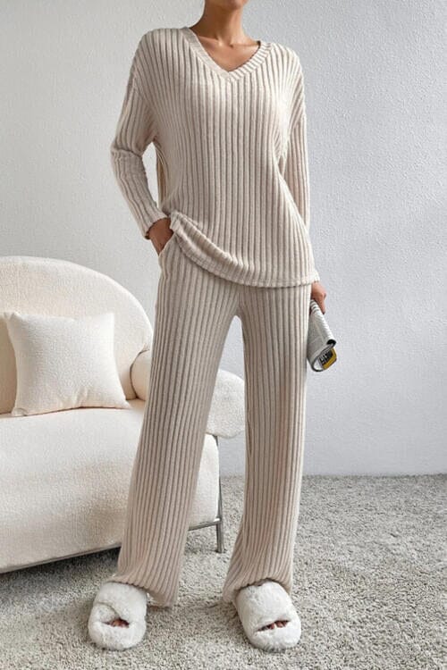 Ribbed V-Neck Top and Pants Set - Sydney So Sweet