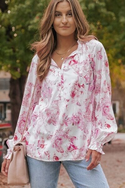 Floral Tie Neck Flounce Sleeve Blouse - Sydney So Sweet