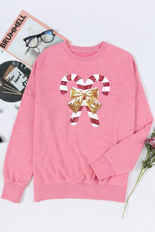 Sequin Candy Cane Round Neck Slit Sweatshirt - Sydney So Sweet