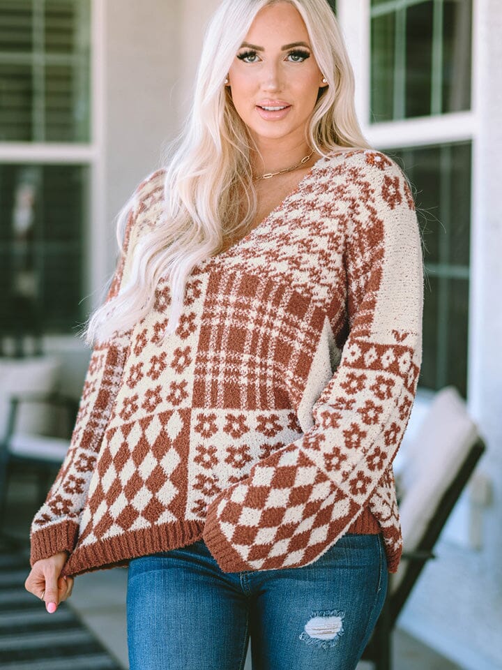 Pattern Block Brown and Cream V-Neck Long Sleeve Sweater - Sydney So Sweet