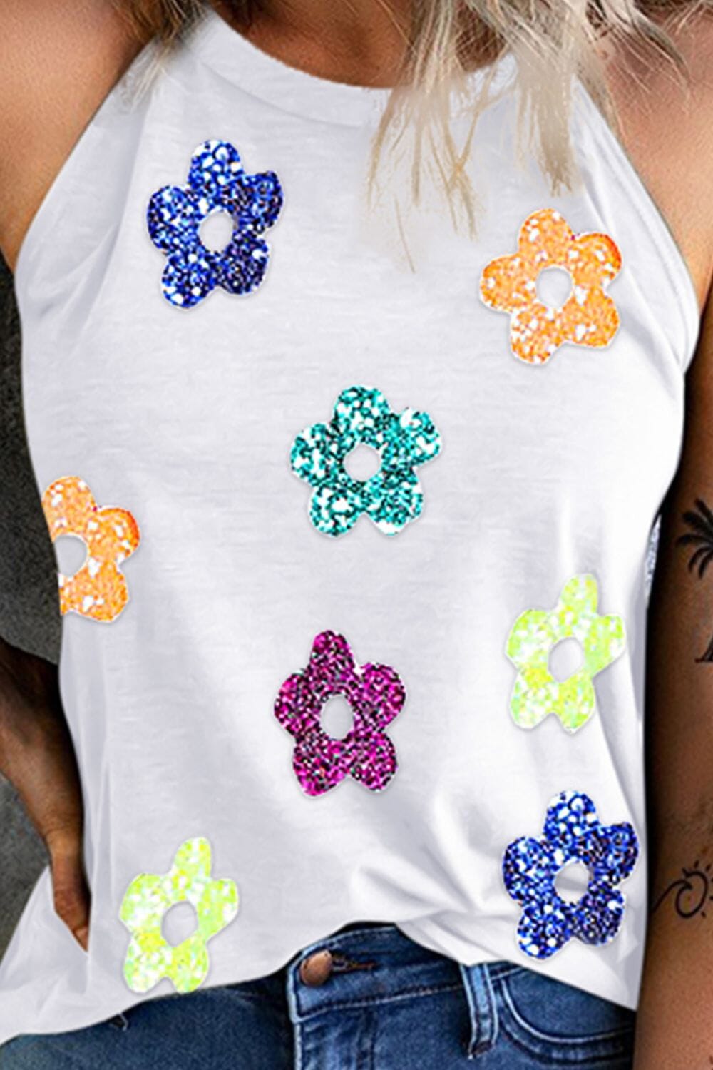 Sequin Flower Grecian Neck Tank - Sydney So Sweet