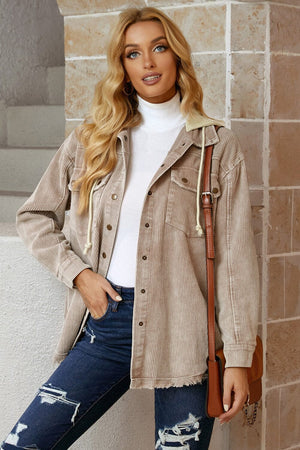 Snap Front Hooded Corduroy Shacket - Sydney So Sweet