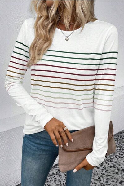 Striped Round Neck Long Sleeve Top - Sydney So Sweet