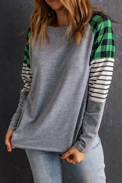 Striped Plaid Round Neck Long Sleeve T-Shirt - Sydney So Sweet