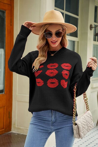 Contrast Lip Pattern Round Neck Slit Sweater - Sydney So Sweet