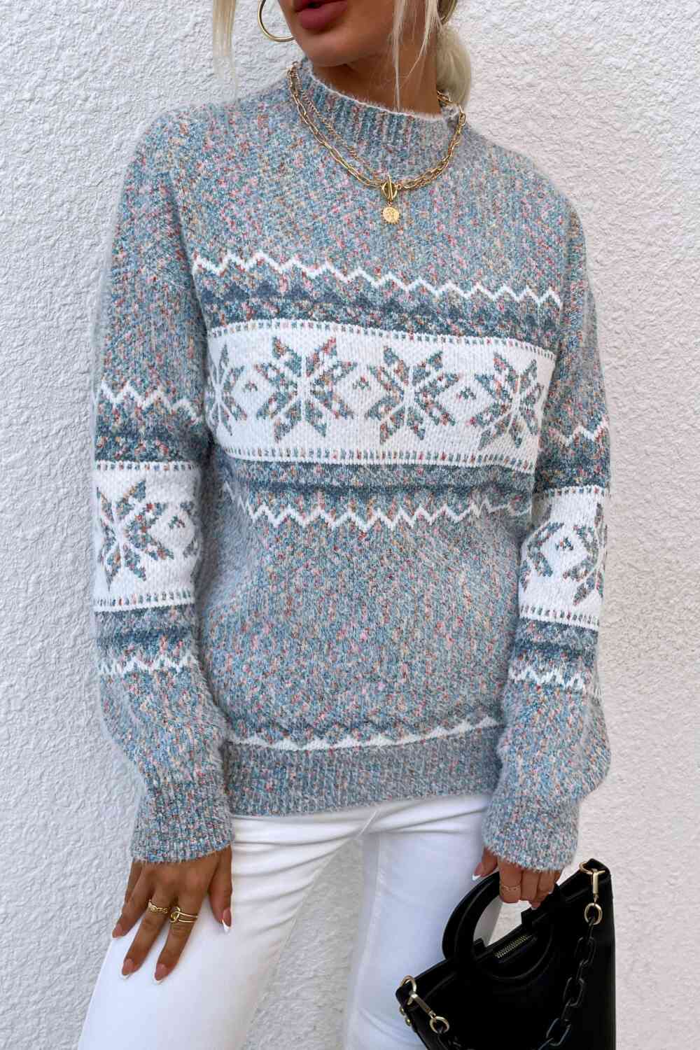 Snowflake Pattern Mock Neck Sweater - Sydney So Sweet