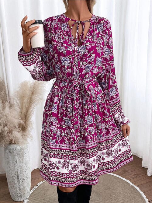 Floral Tie Neck Balloon Sleeve Dress - Sydney So Sweet