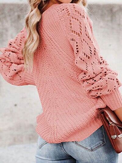 Openwork Round Neck Lantern Sleeve Sweater - Sydney So Sweet