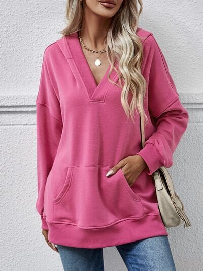 V-Neck Drop Shoulder Long Sleeve Hoodie - Sydney So Sweet