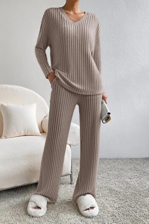 Ribbed V-Neck Top and Pants Set - Sydney So Sweet