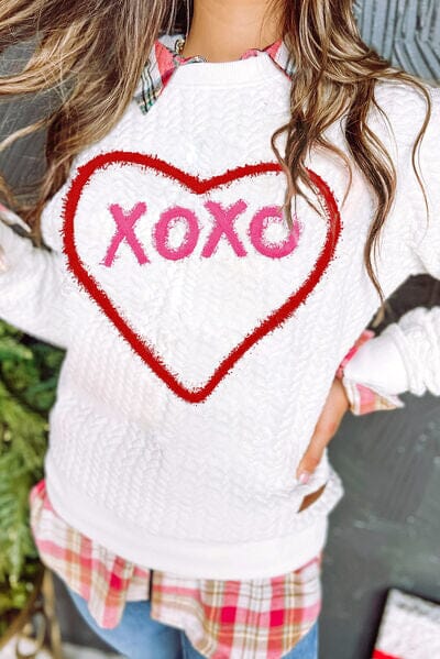 XOXO Heart Round Neck Dropped Shoulder Sweatshirt - Sydney So Sweet