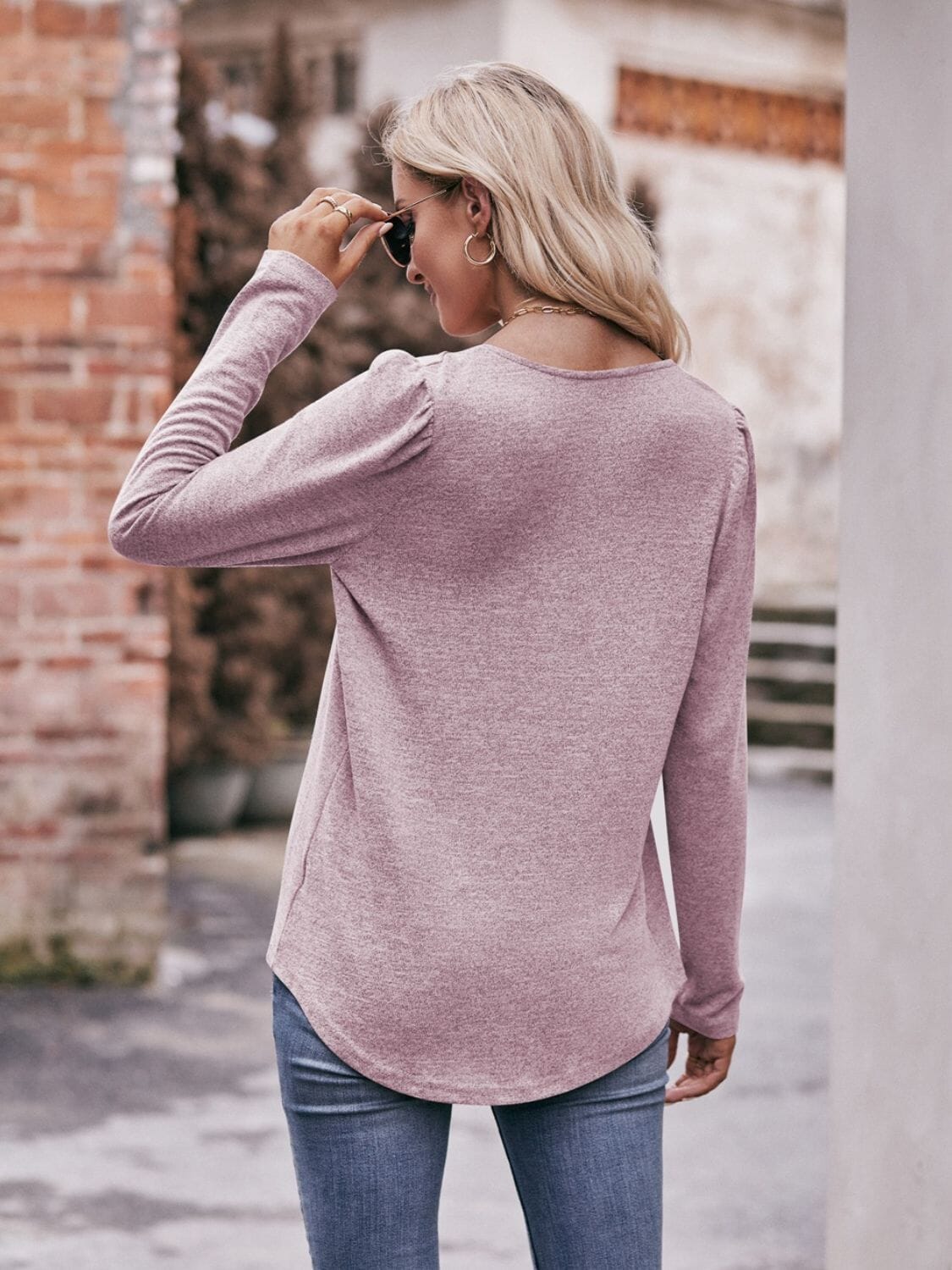 Pleated Detail Curved Hem Long Sleeve Top - Sydney So Sweet