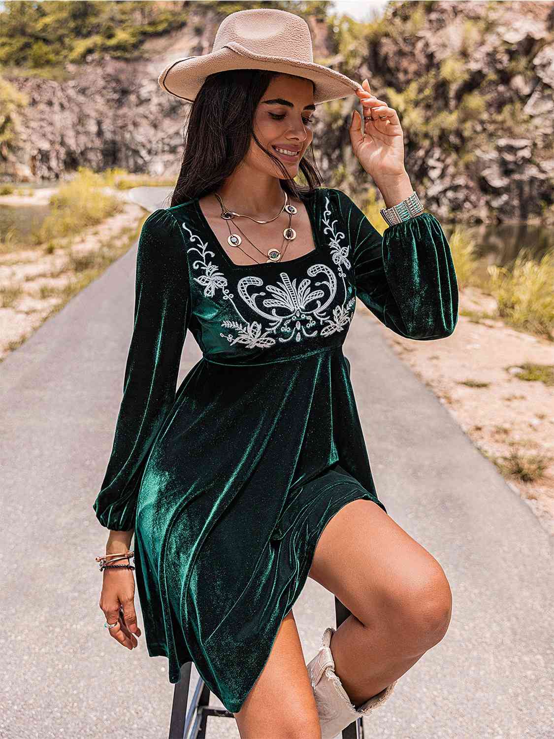 Embroidered Square Neck Long Sleeve Dress - Sydney So Sweet