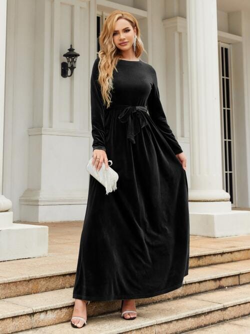 Tie Front Round Neck Long Sleeve Maxi Dress - Sydney So Sweet