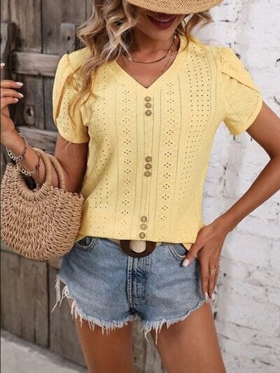 Eyelet V-Neck Petal Sleeve T-Shirt - Sydney So Sweet