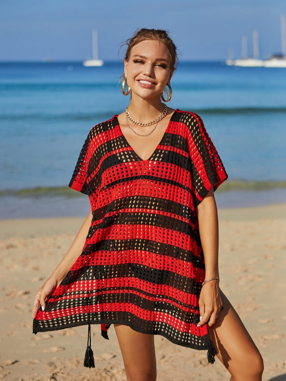 Tassel Openwork Striped V-Neck Cover Up - Sydney So Sweet