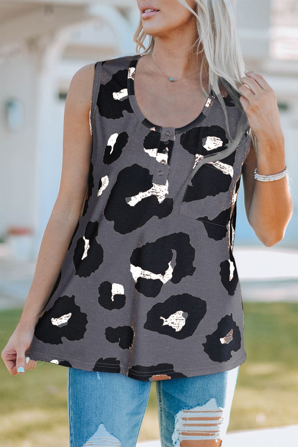 Pocketed Leopard Round Neck Tank - Sydney So Sweet