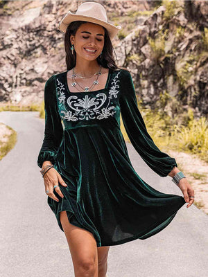 Embroidered Square Neck Long Sleeve Dress - Sydney So Sweet