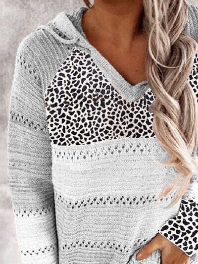 Full Size Openwork Leopard Drawstring Hooded Sweater - Sydney So Sweet