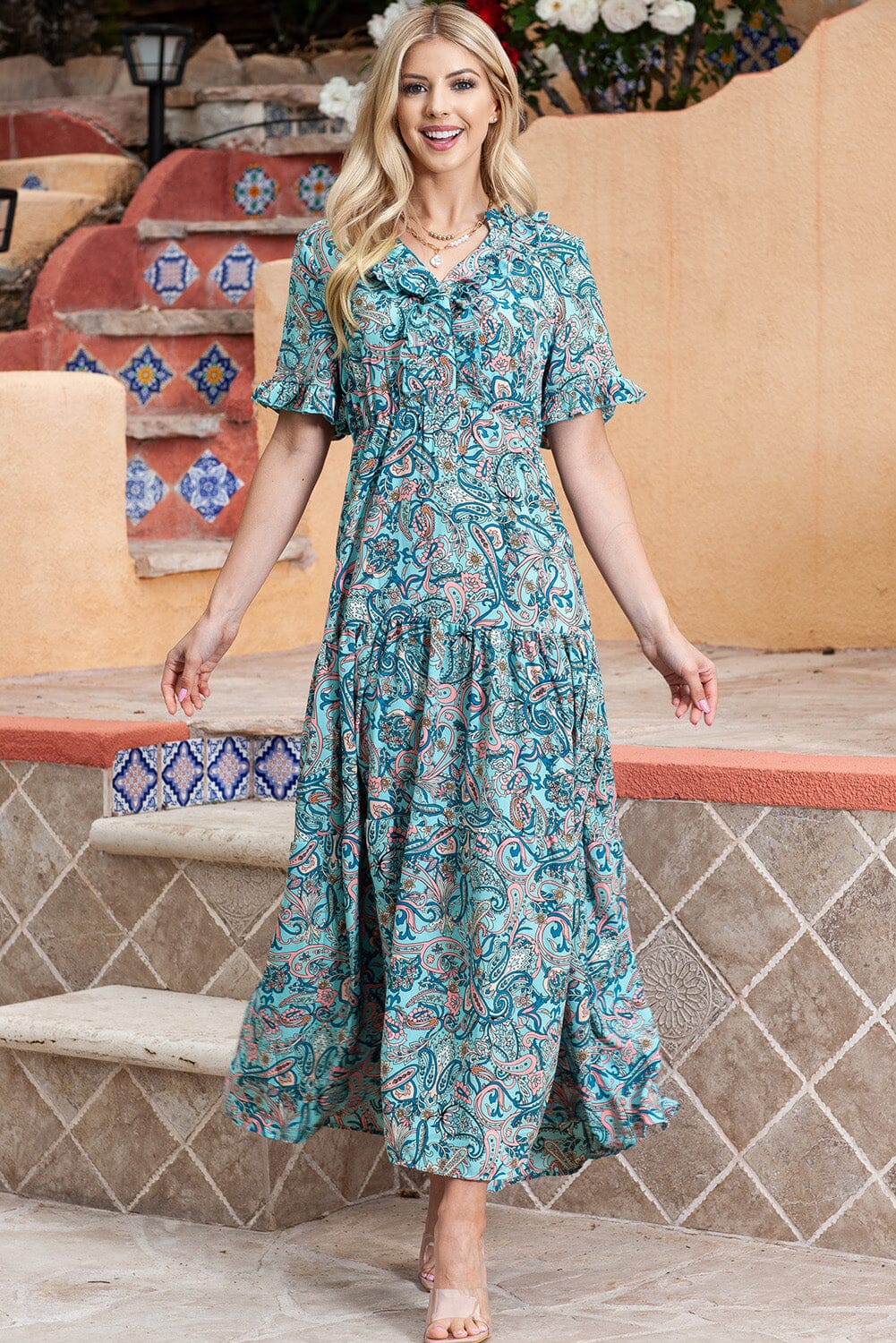 Paisley Print Flounce Sleeve Maxi Dress - Sydney So Sweet