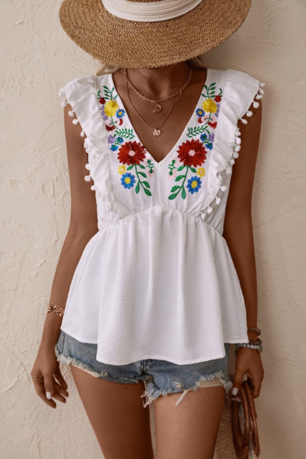 Embroidered Pom-Pom Trim Cap Sleeve Babydoll Top - Sydney So Sweet