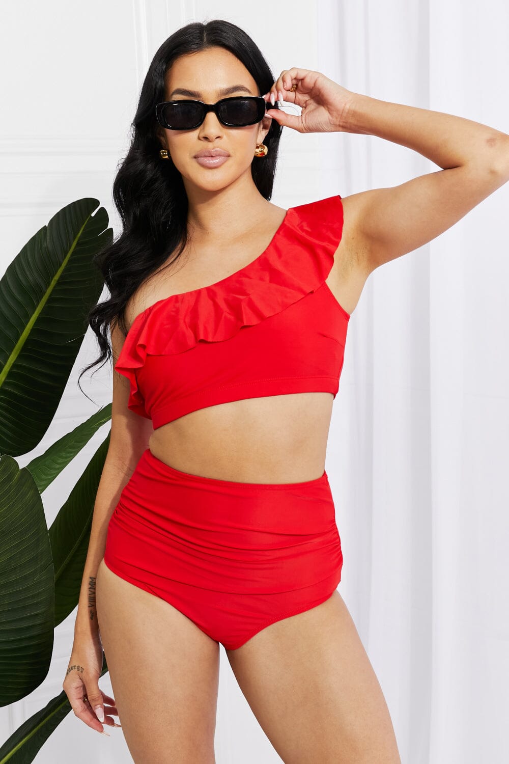 Marina West Swim Seaside Romance Ruffle One-Shoulder Bikini in Red - Sydney So Sweet