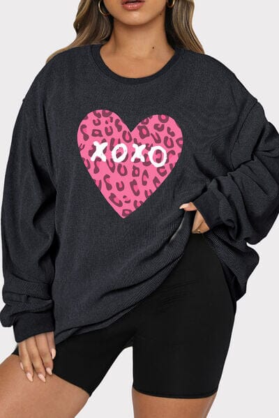 Plus Size XOXO Heart Round Neck Long Sleeve Sweatshirt - Sydney So Sweet