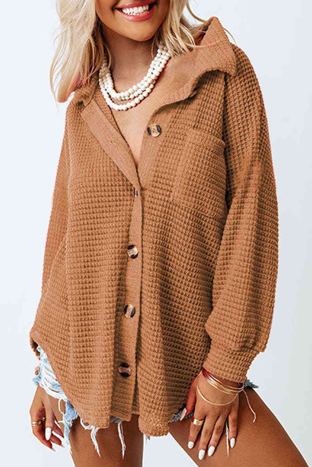 Waffle-Knit Button Up Long Sleeve Shirt with Pocket - Sydney So Sweet