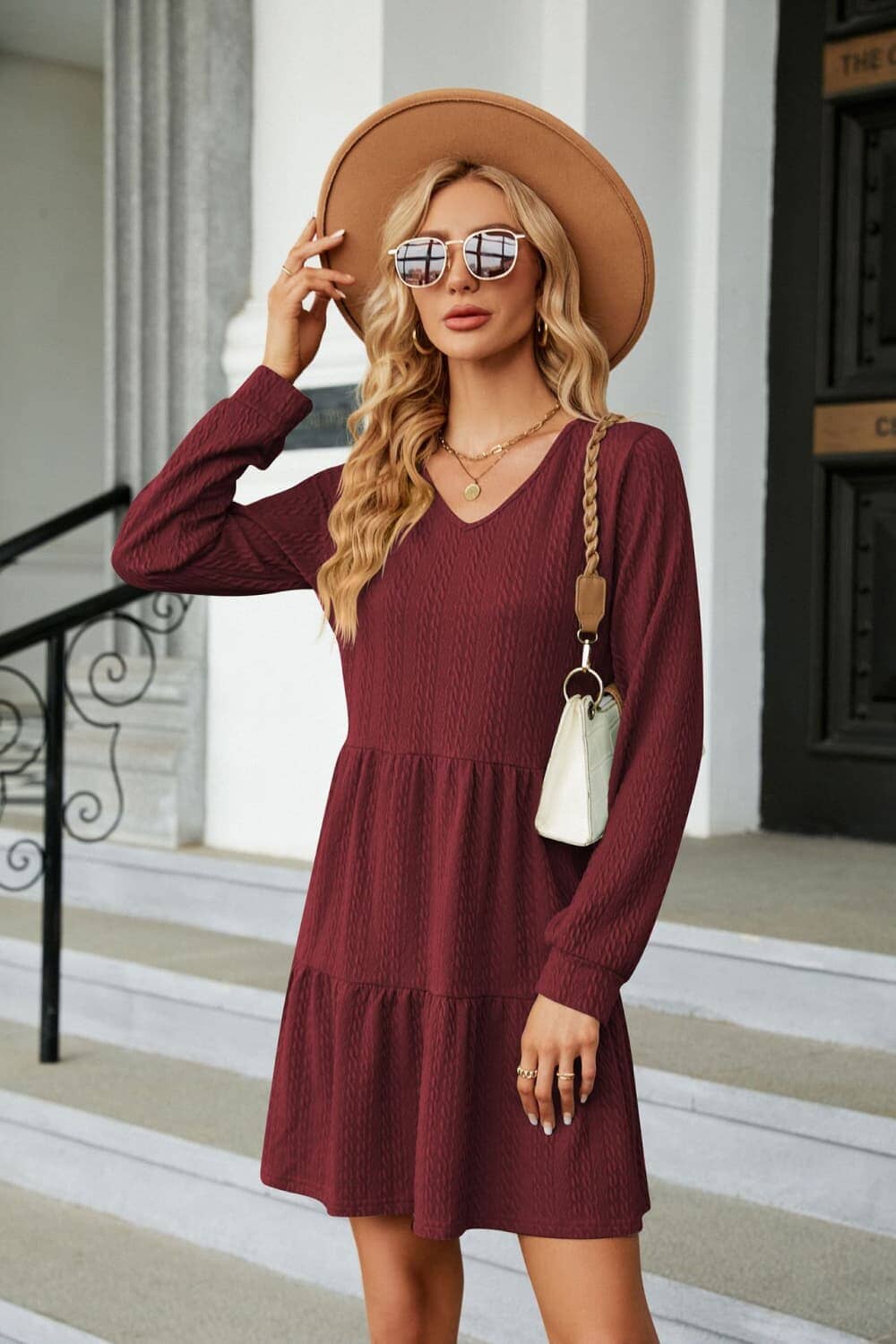 V-Neck Long Sleeve Mini Dress - Sydney So Sweet