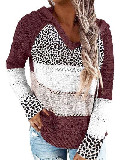 Full Size Openwork Leopard Drawstring Hooded Sweater - Sydney So Sweet