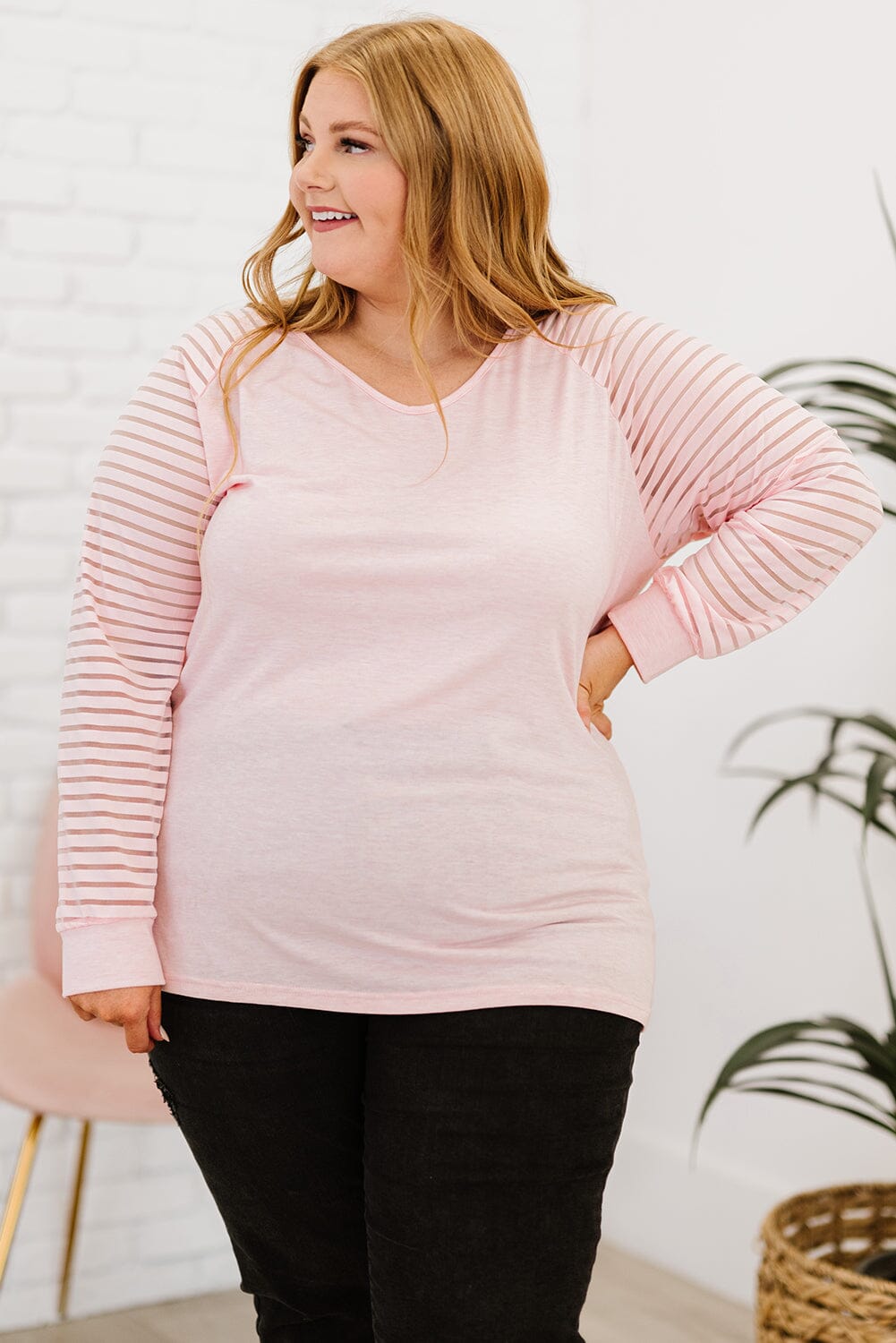 Plus Size Sheer Striped Sleeve V-Neck Top - Sydney So Sweet