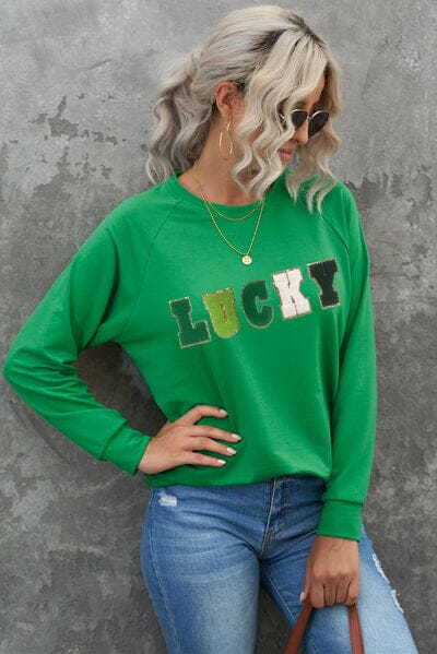 LUCKY Round Neck Raglan Sleeve Sweatshirt - Sydney So Sweet