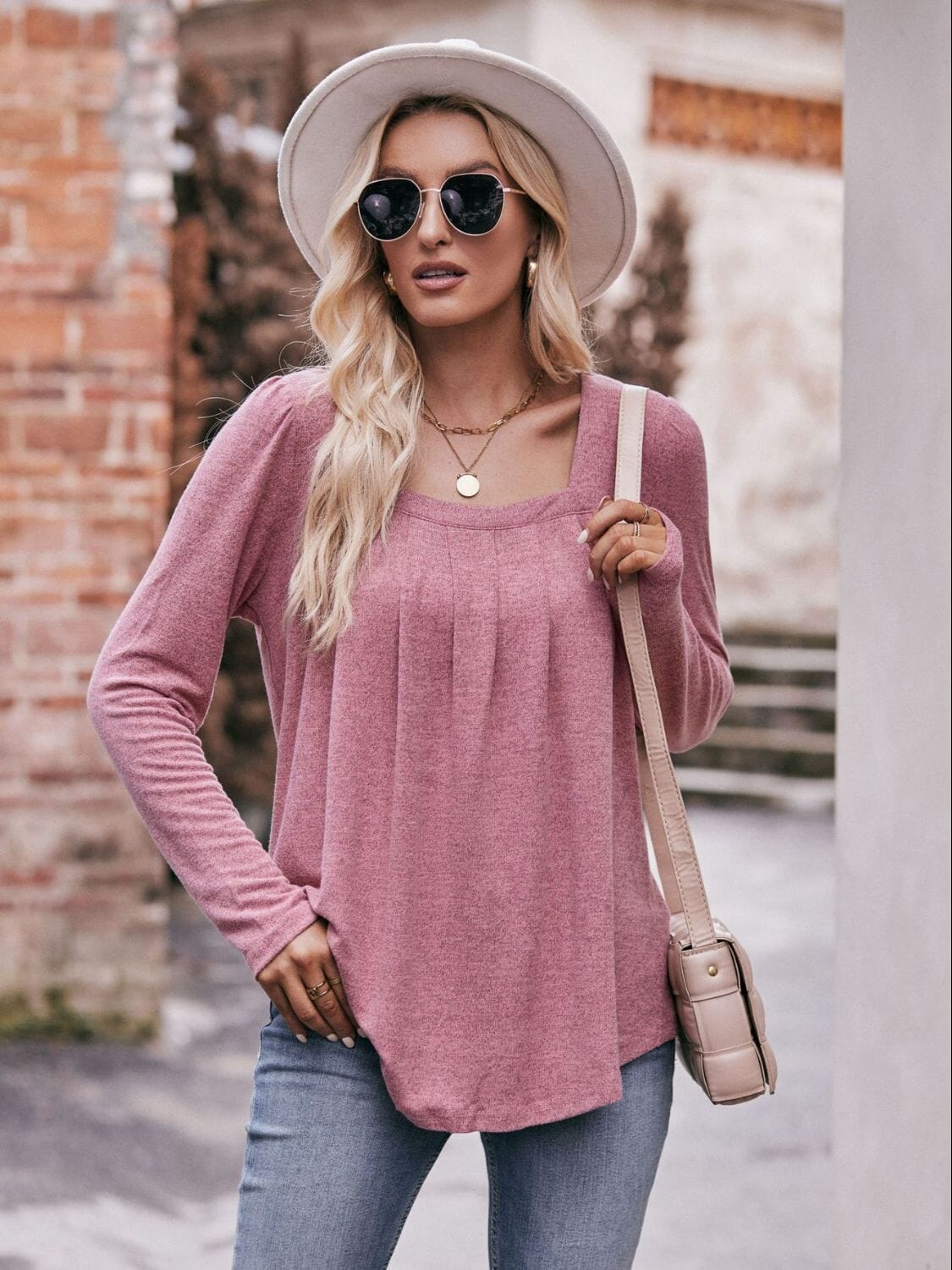 Pleated Detail Curved Hem Long Sleeve Top - Sydney So Sweet