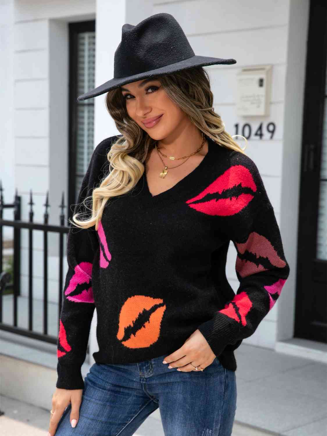 Round Neck Dropped Shoulder Heart Sweater