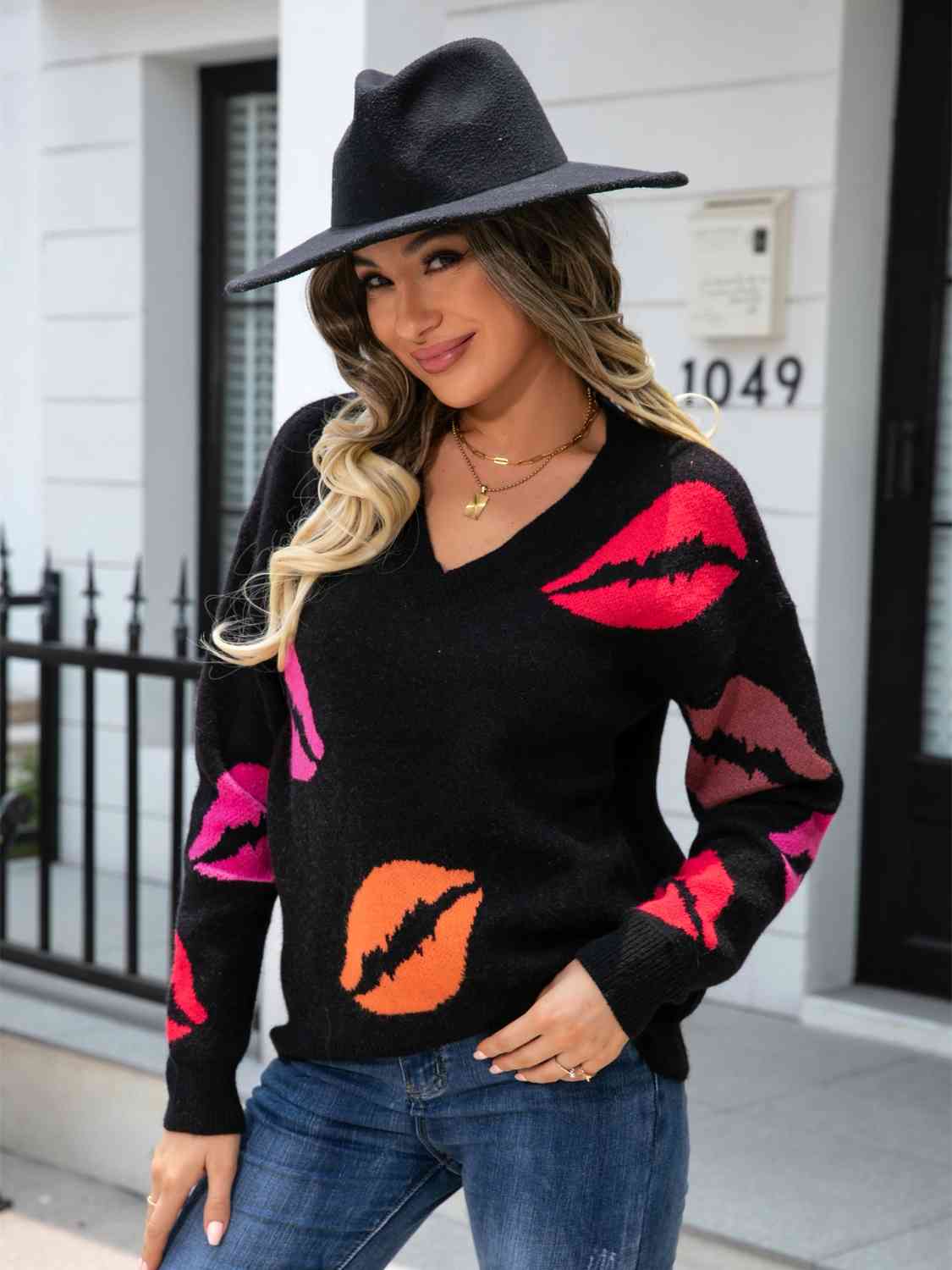 Lip V-Neck Drop Shoulder Sweater - Sydney So Sweet