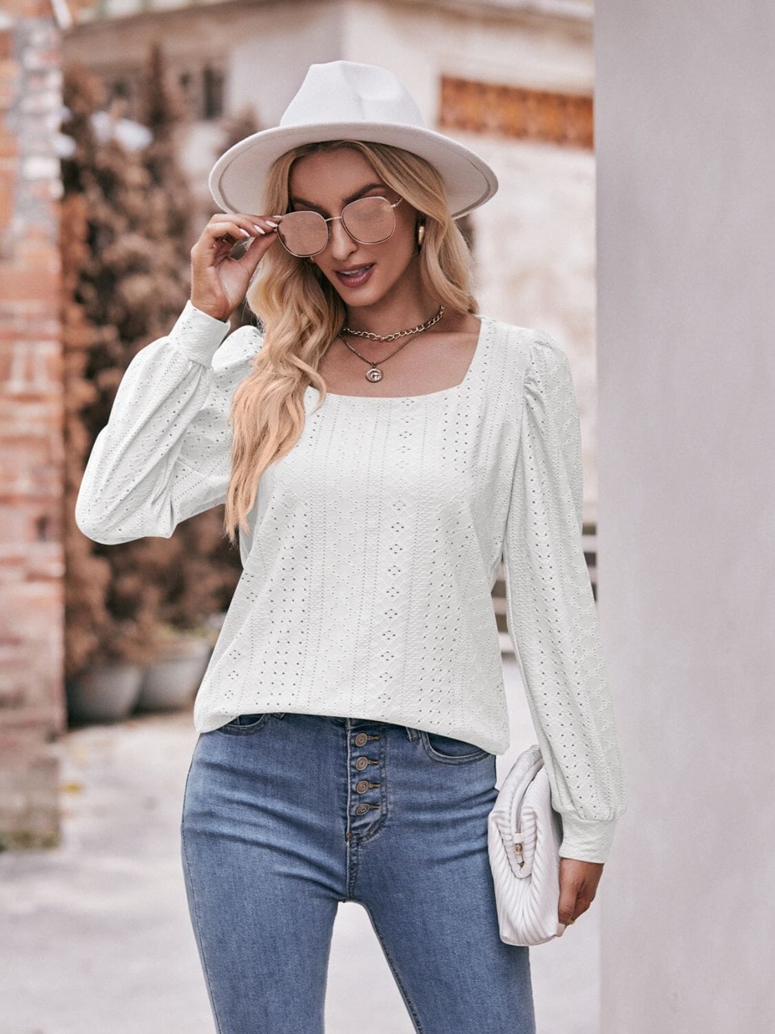 Eyelet Square Neck Puff Sleeve Blouse - Sydney So Sweet